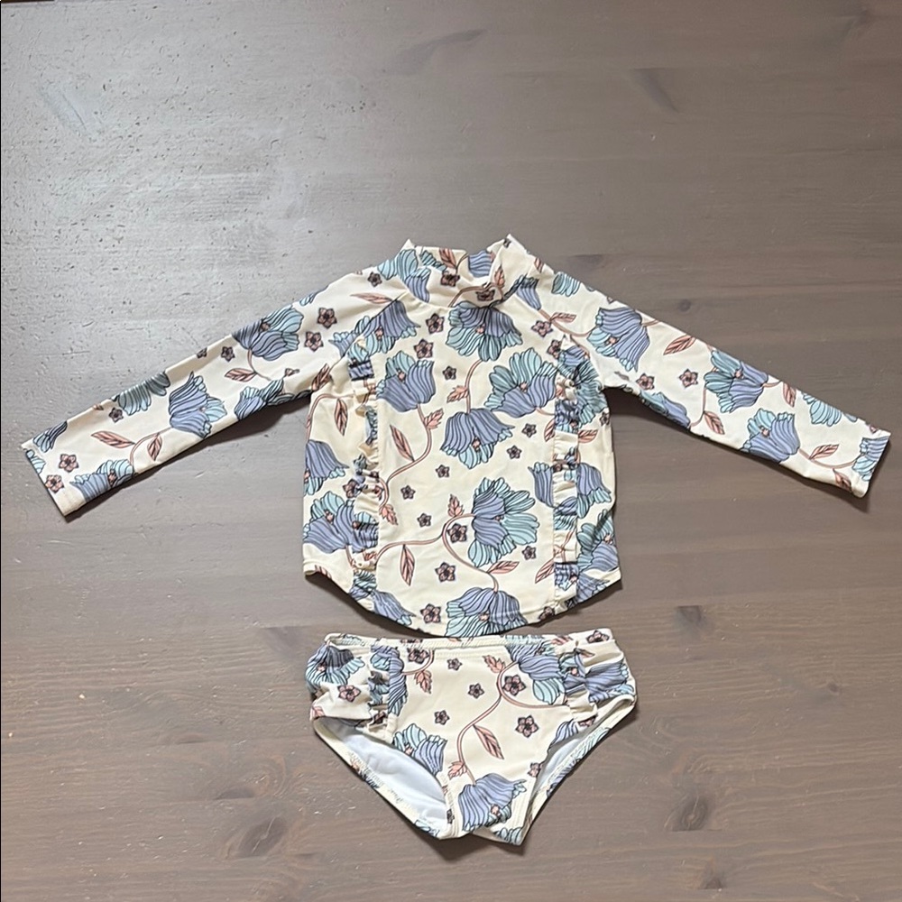 Jessica Simpson Long Sleeve Floral Kids Swim Set - Blue and Cream Size 18 months